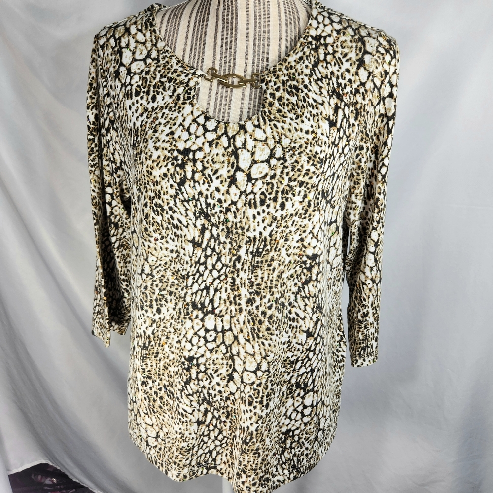Cathy Daniels Animal Print Iridescent Sequins U Neck w/Chain Accent Top Medium